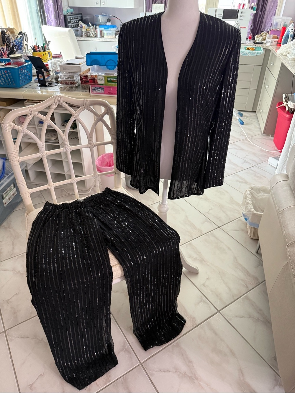 Giorgio Armani Black Sequin-Striped Wide Leg Pants & Open Jacket